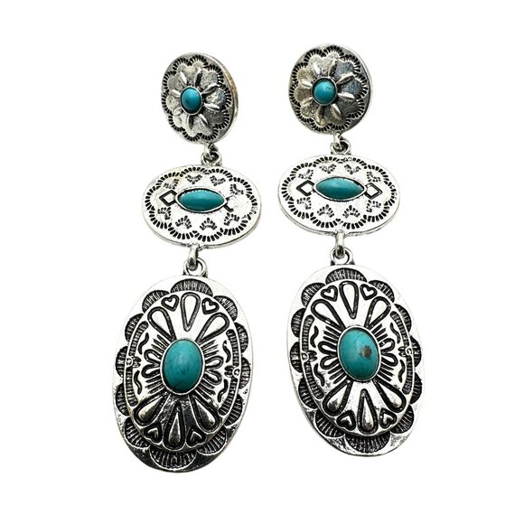 Western Concho Style Silver Tone Pierced Earrings Blue Faux Turquoise 3 Inch - Picture 1 of 5